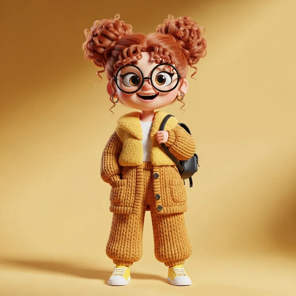 活力3D喜悦：俏皮黄色卡通女孩