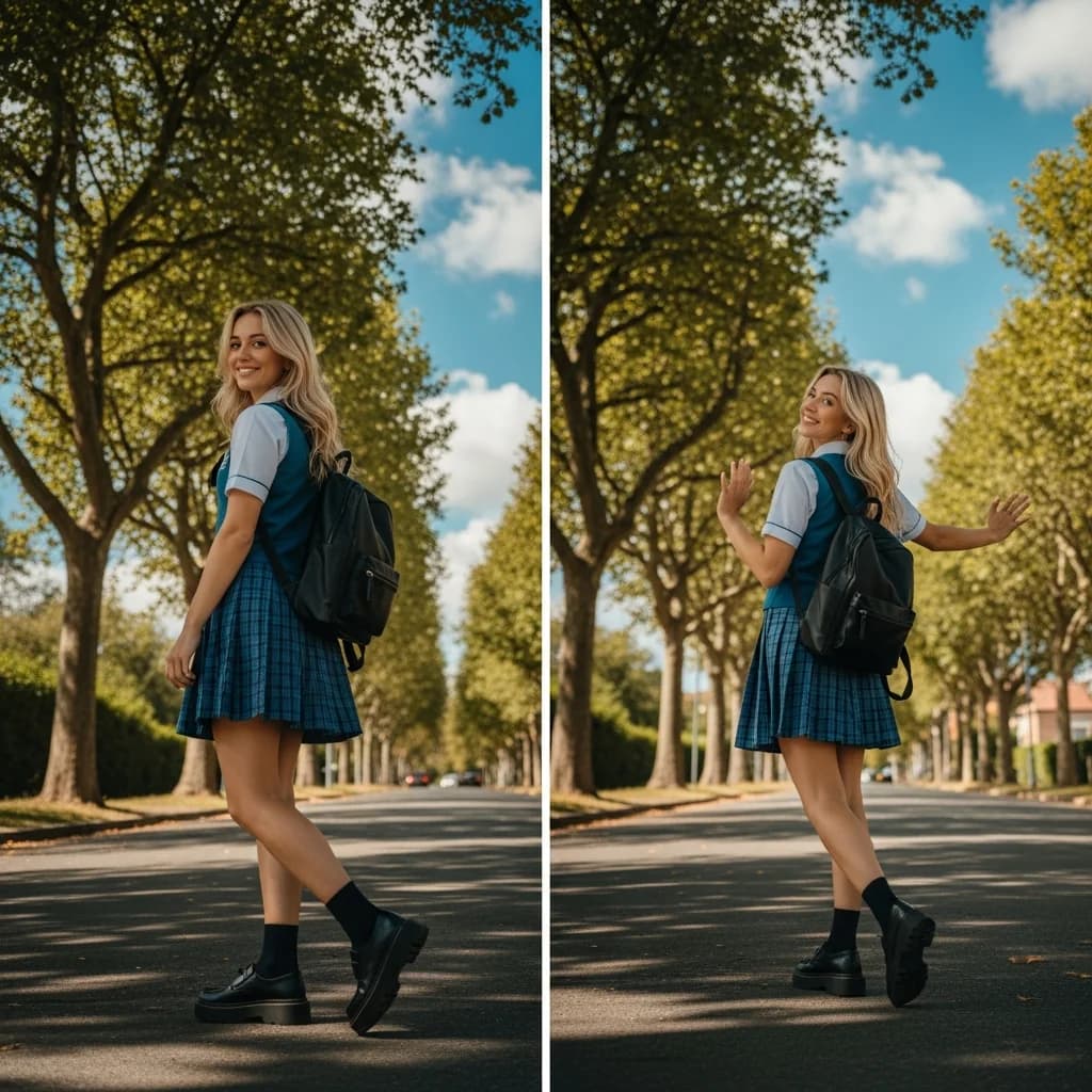 林荫道上穿校服的金发女孩