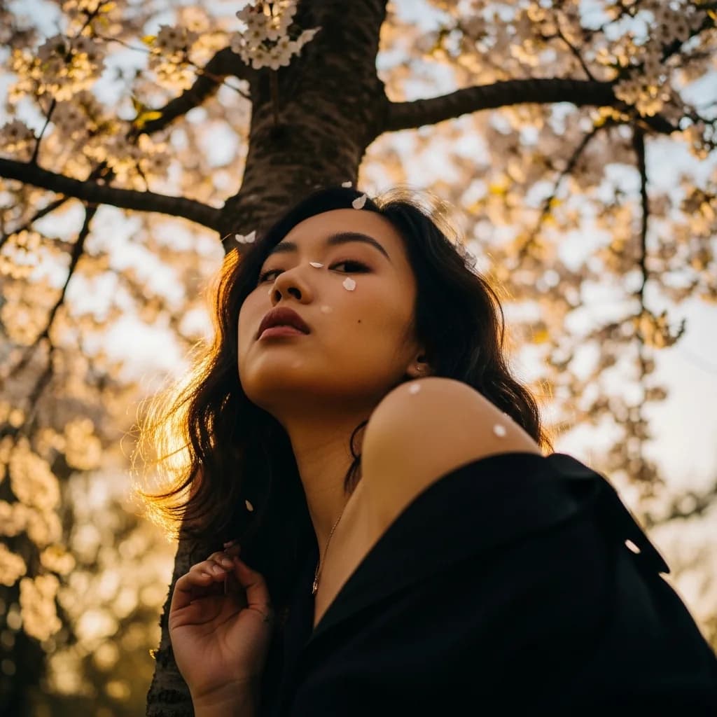 樱花飞舞：黄昏下的女性肖像