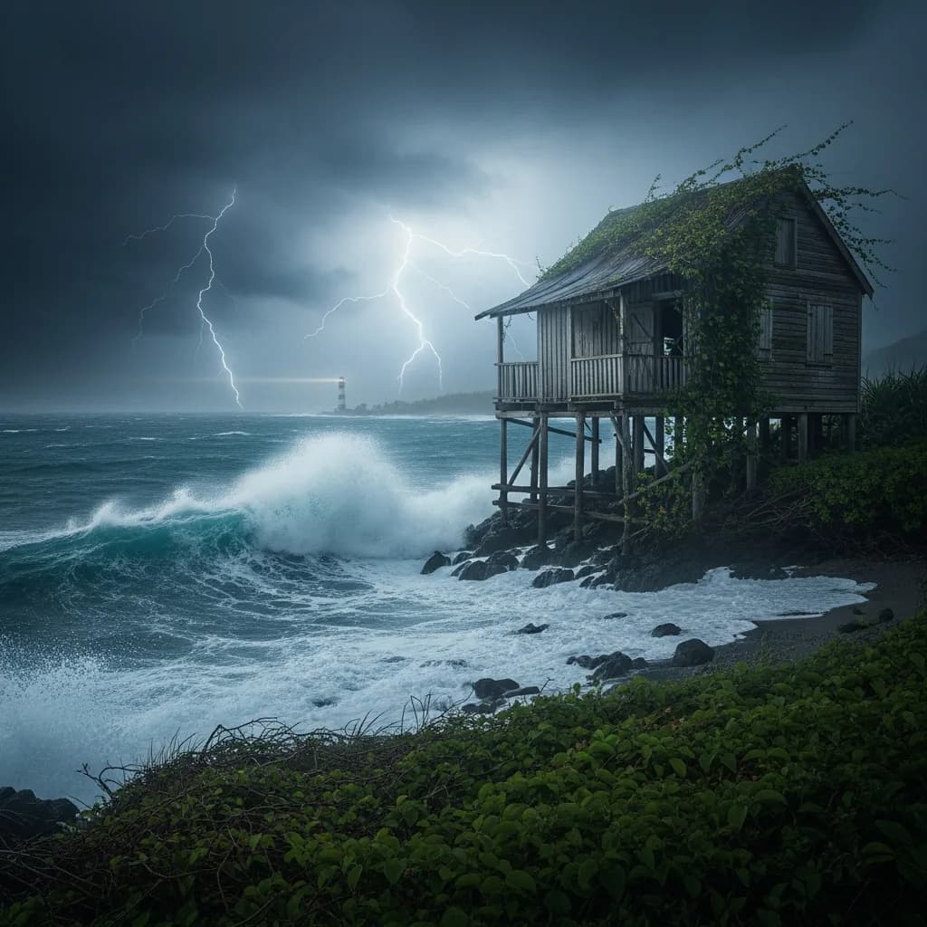 暴风雨中藤蔓缠绕的渔夫小屋