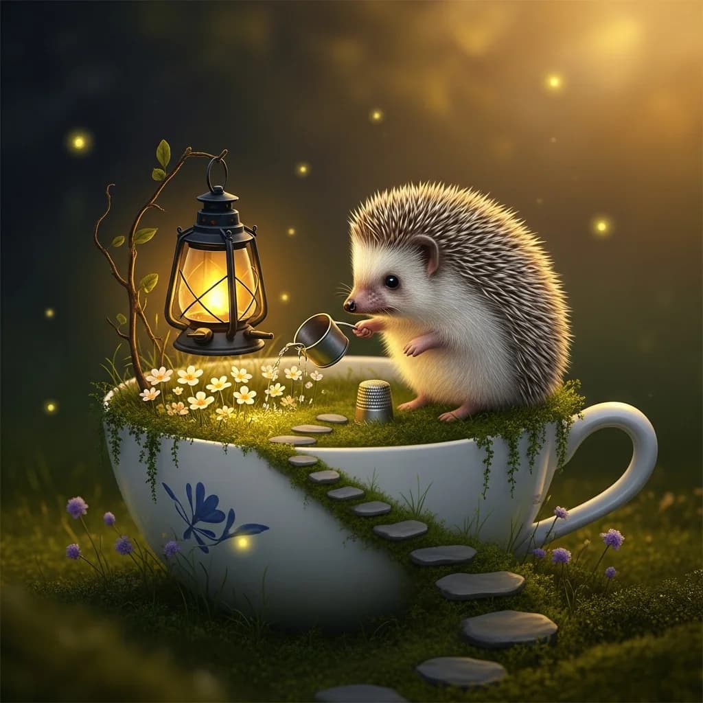 微观花园魔法：小刺猬的灯笼光芒