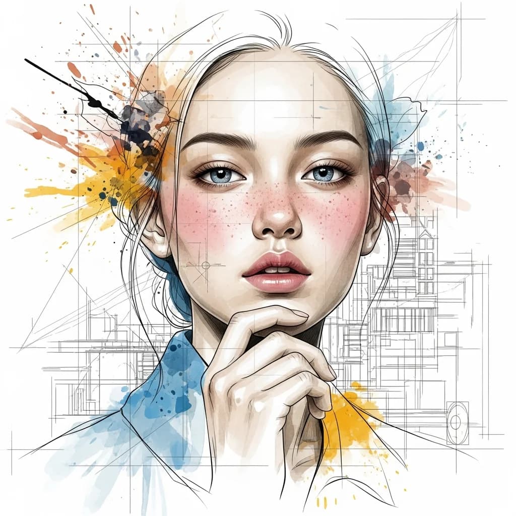 水彩与墨线插画写实肖像
