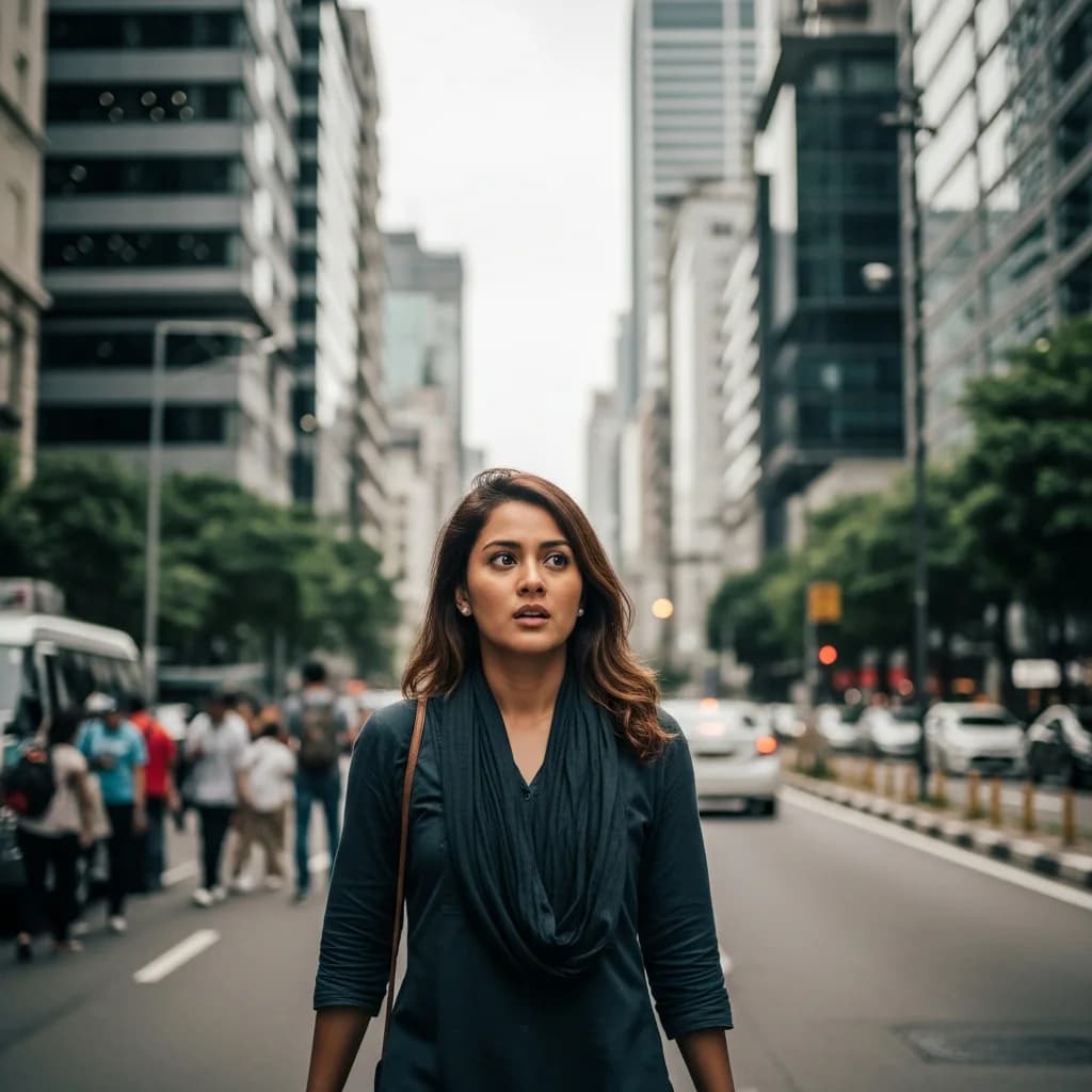 棕发女性漫步于高大建筑间