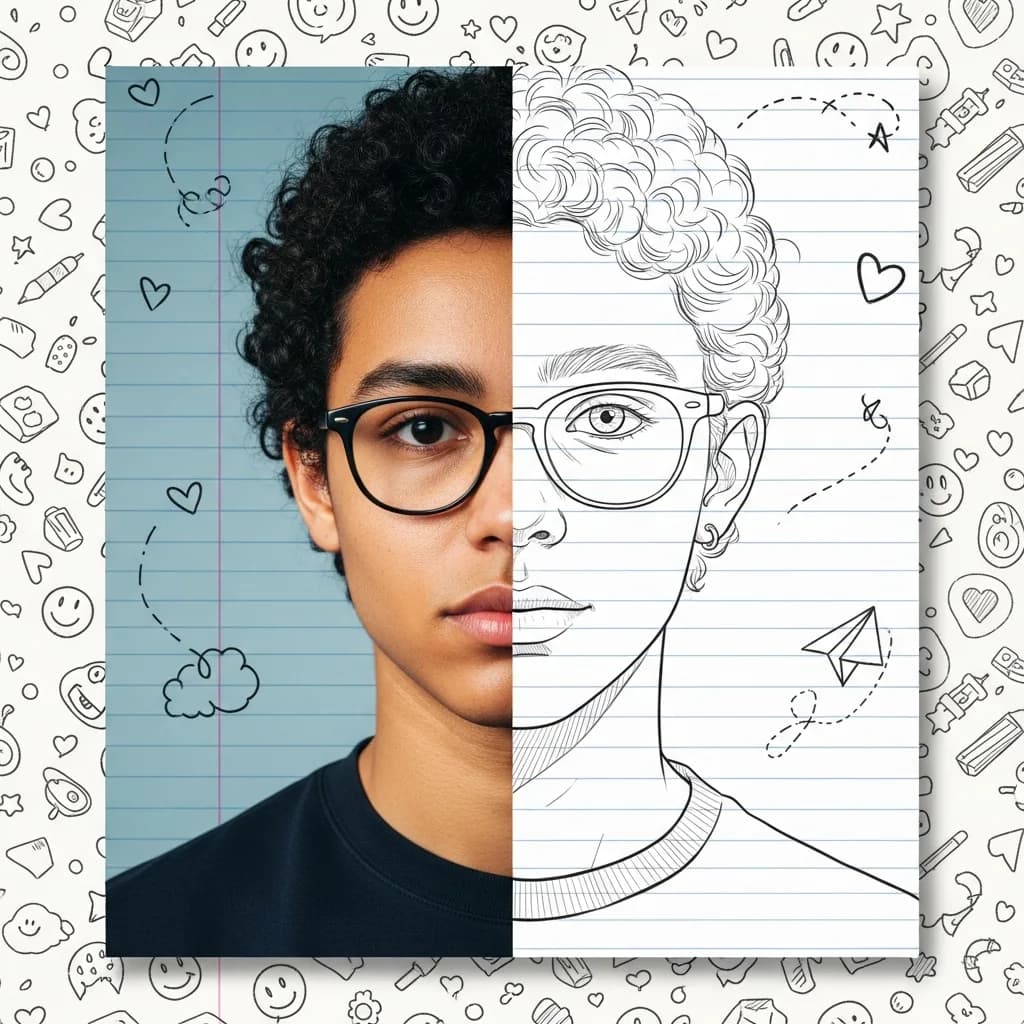 分屏肖像：照片与手绘插画