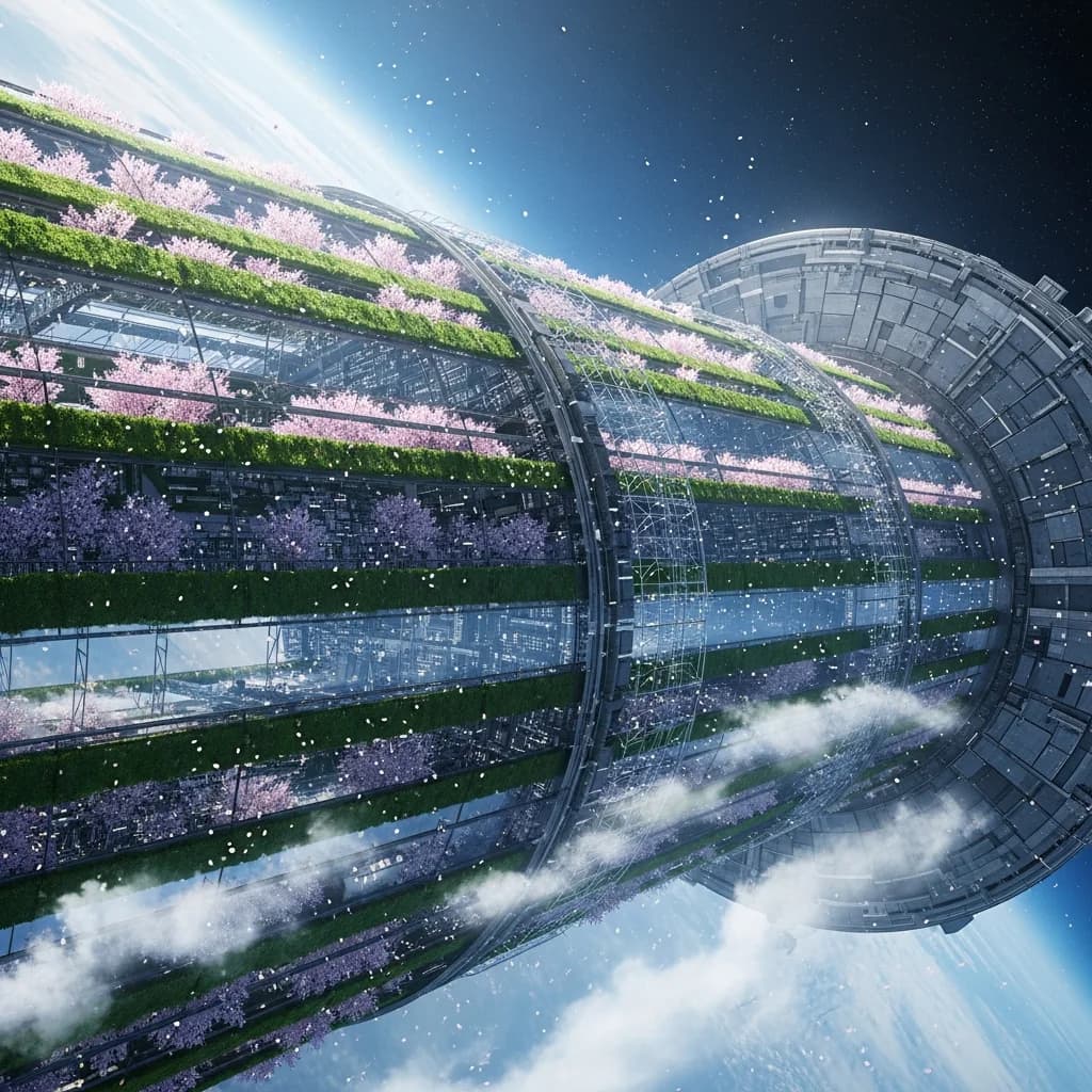 樱花盛开的圆柱形太空殖民地