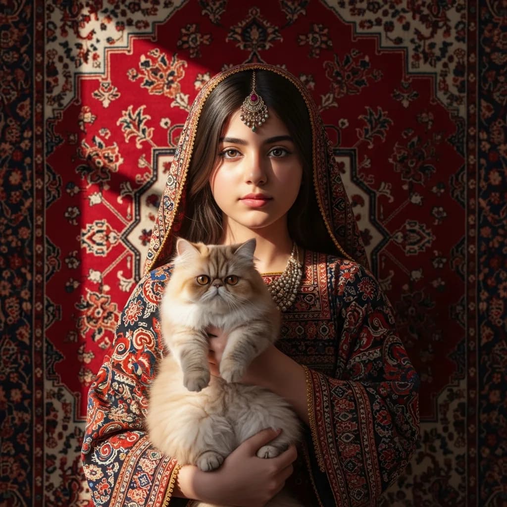 波斯女孩与猫咪肖像，地毯背景