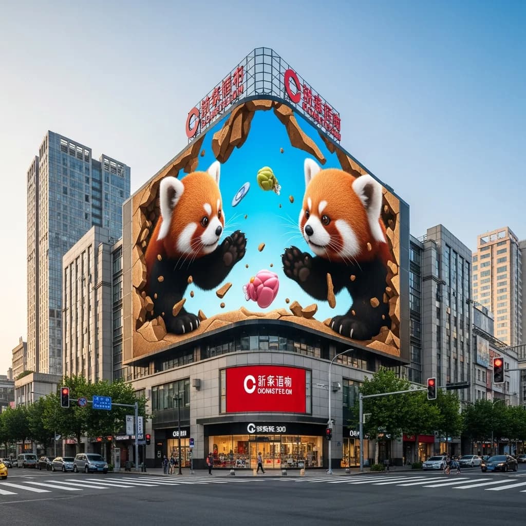 街头裸眼3D巨幕：小熊猫嬉戏