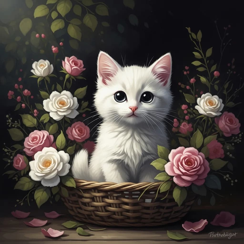 玫瑰花篮里的小猫，绘画风格