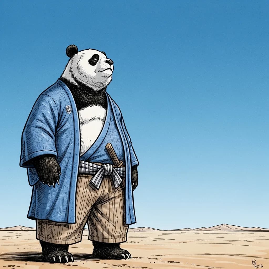 蓝色和服熊猫：沙漠沉思