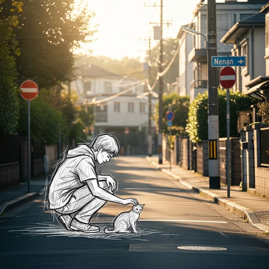 素描人物在居民街上抚摸猫咪