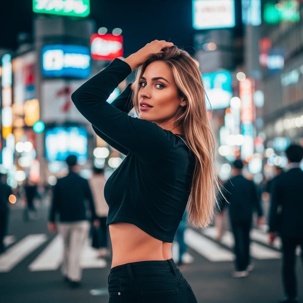 涩谷之夜：霓虹下的自信身影