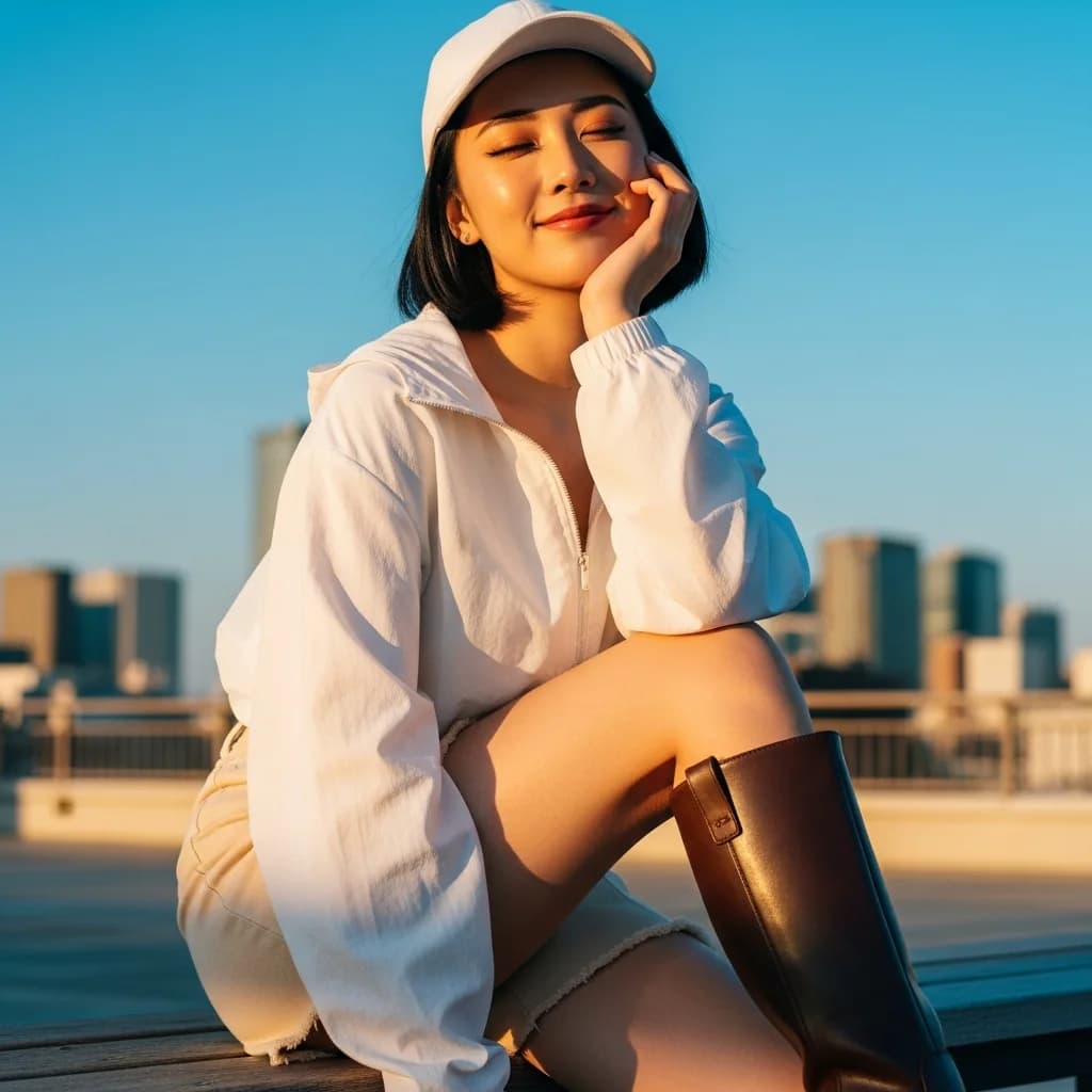 黄金时段光辉：都市蓝天下的柔和肖像