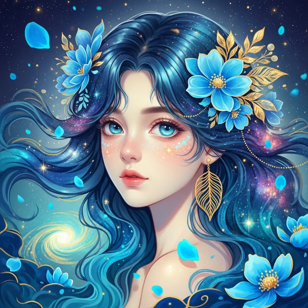 星河幻境：蓝色发丝女性
