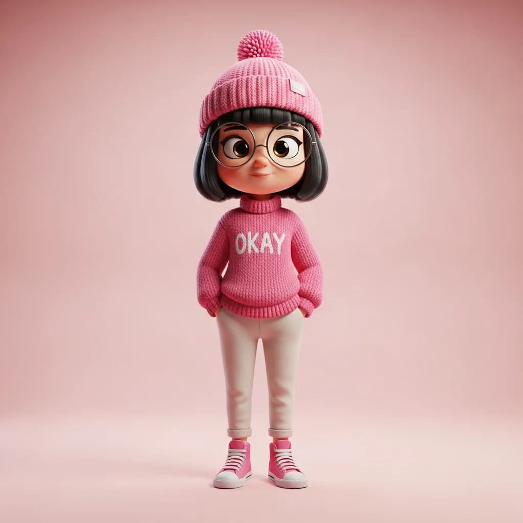穿“Okay”毛衣的可爱3D卡通女孩