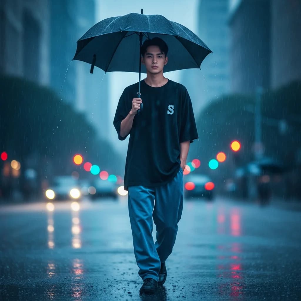 电影感雨中都市漫步