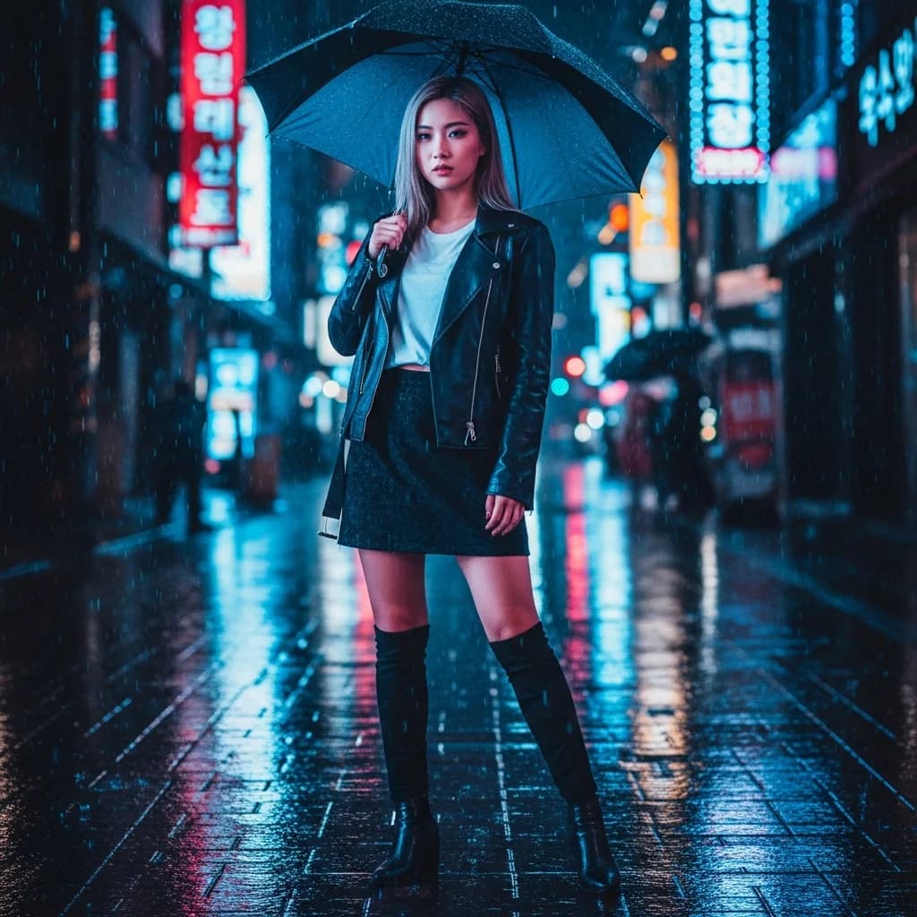霓虹之夜：雨中都市的韩系街头风