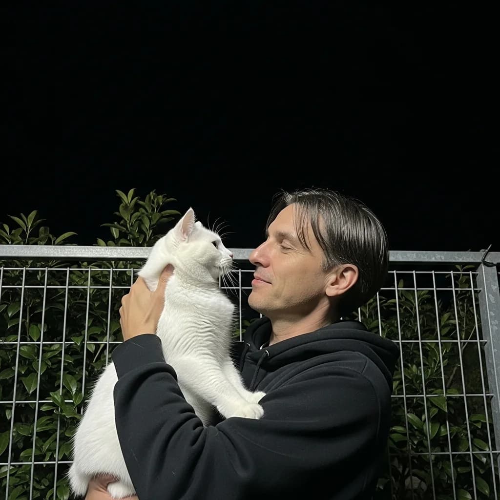 温情夜色：男子抱猫