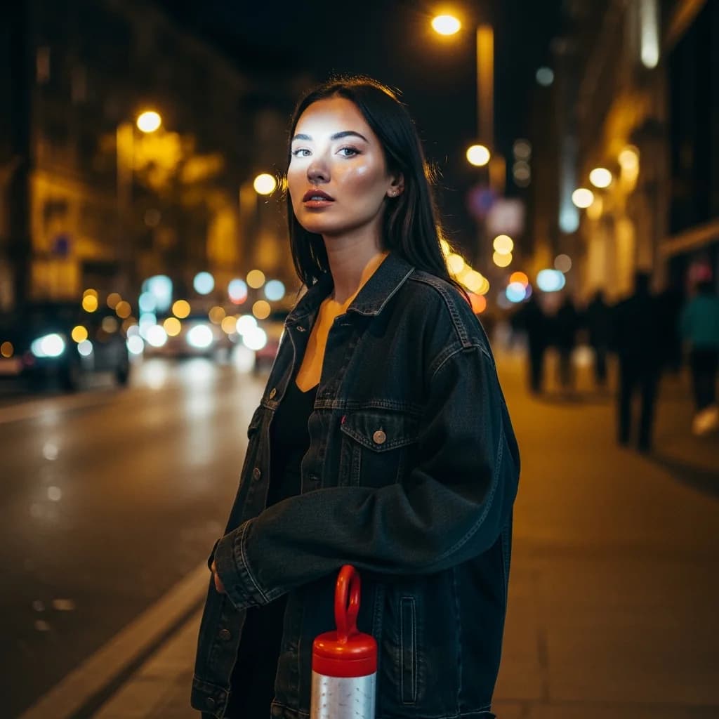 夜晚街头闪光灯人像