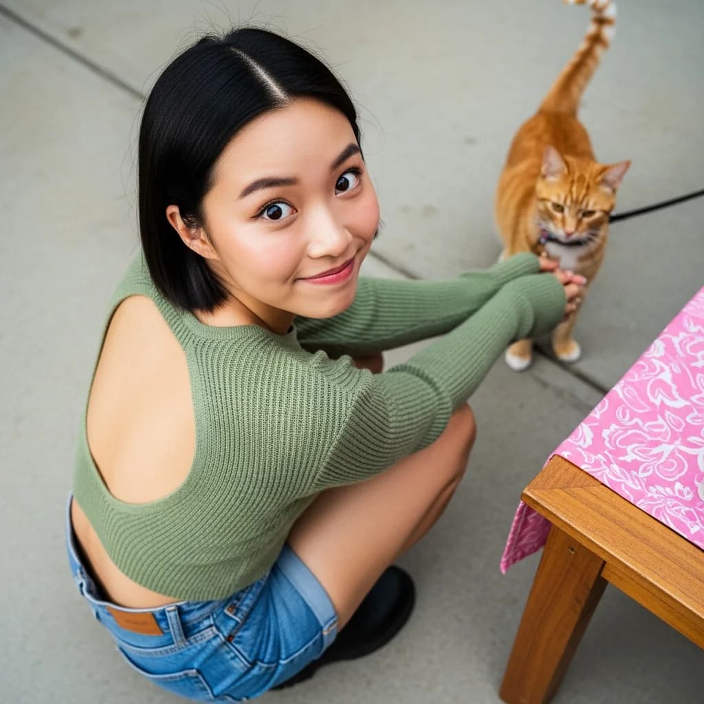 庭院女子与猫的超写实抓拍