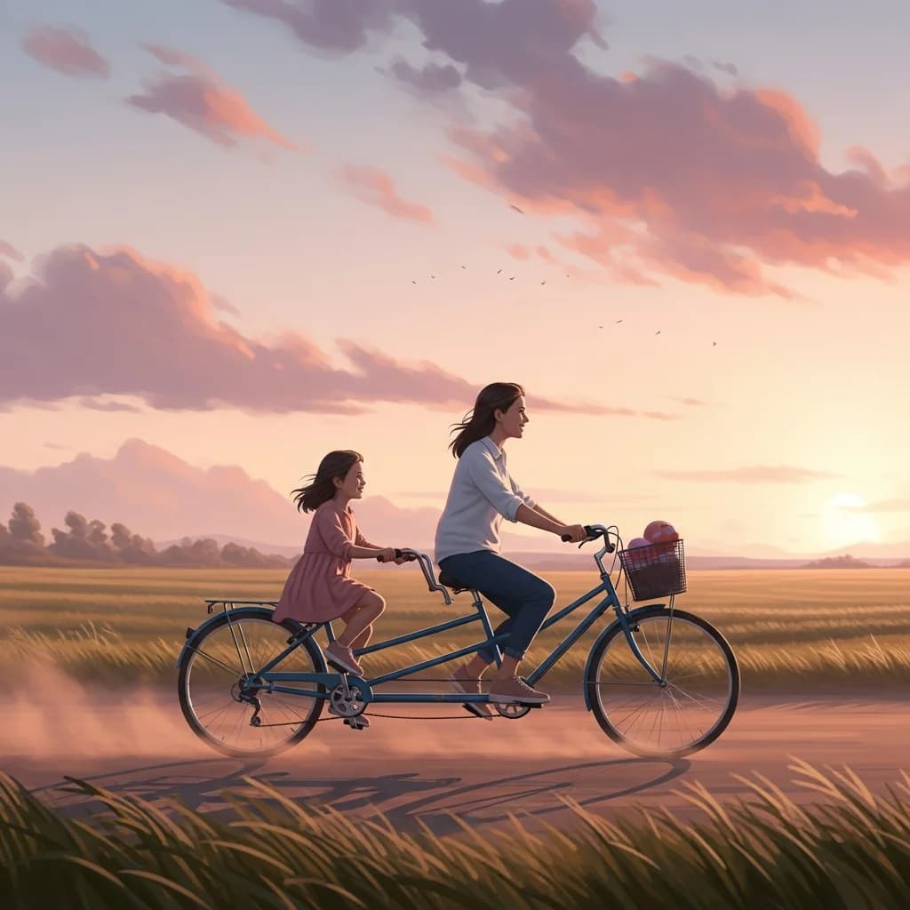乡村夕阳下母女骑行