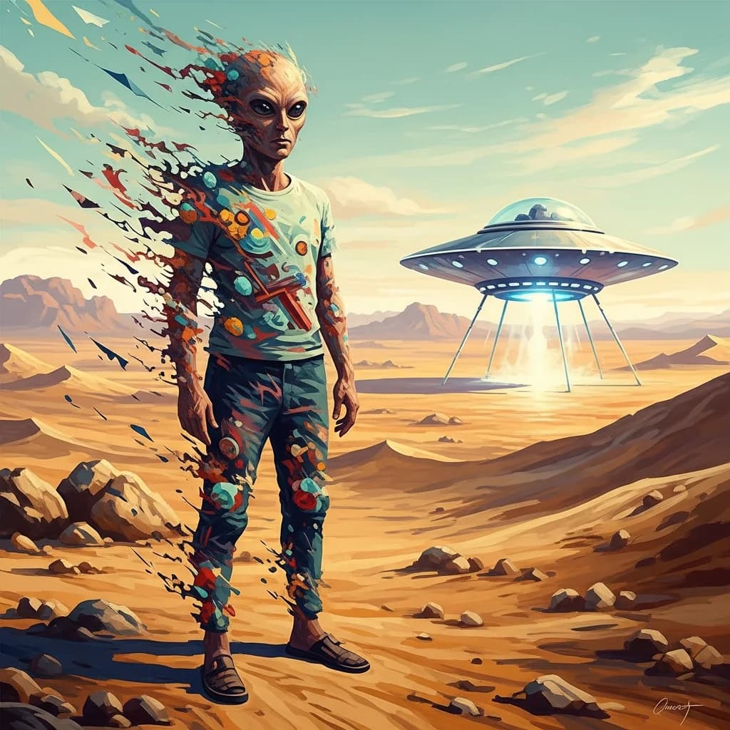 沙漠中的超现实外星人，一个男人