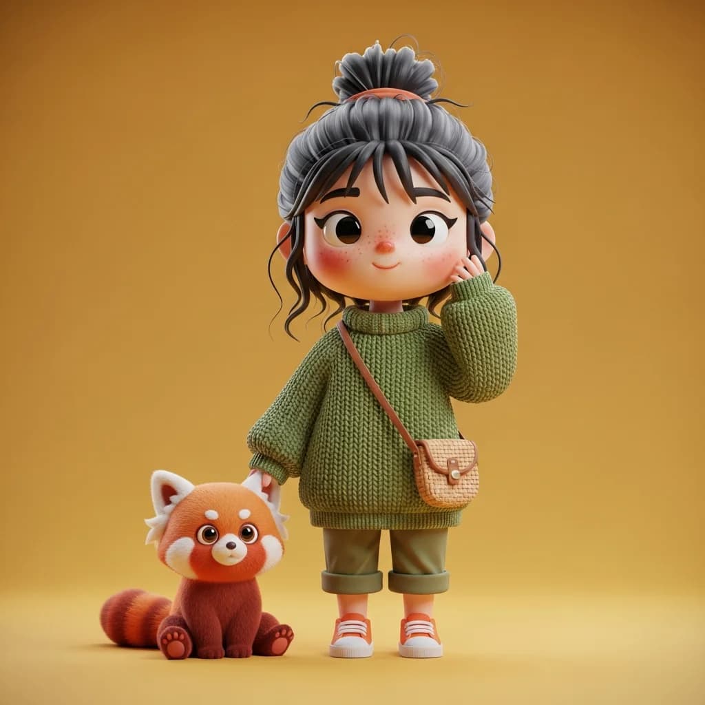 3D卡通女孩与小熊猫伙伴