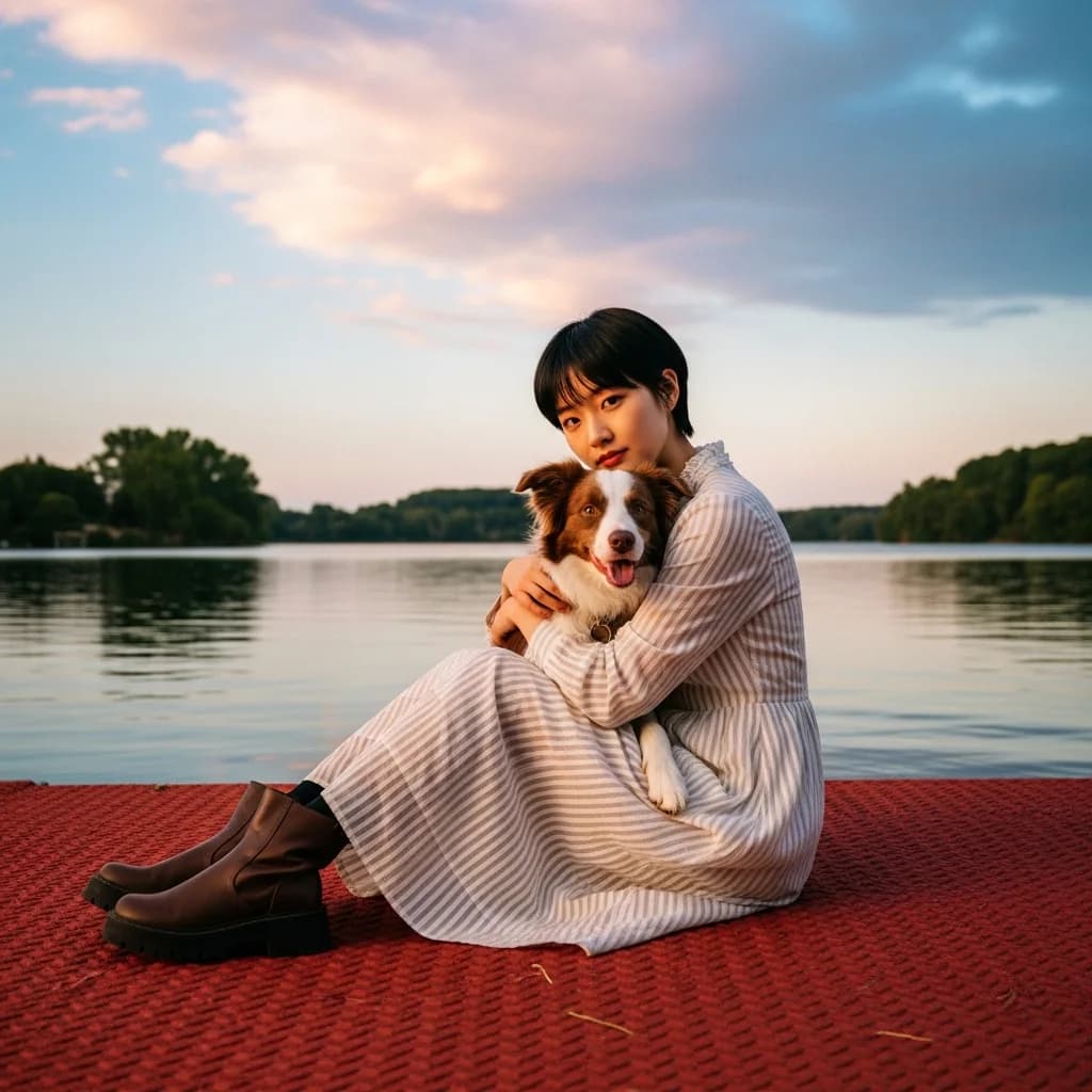 湖畔短发女子与爱犬