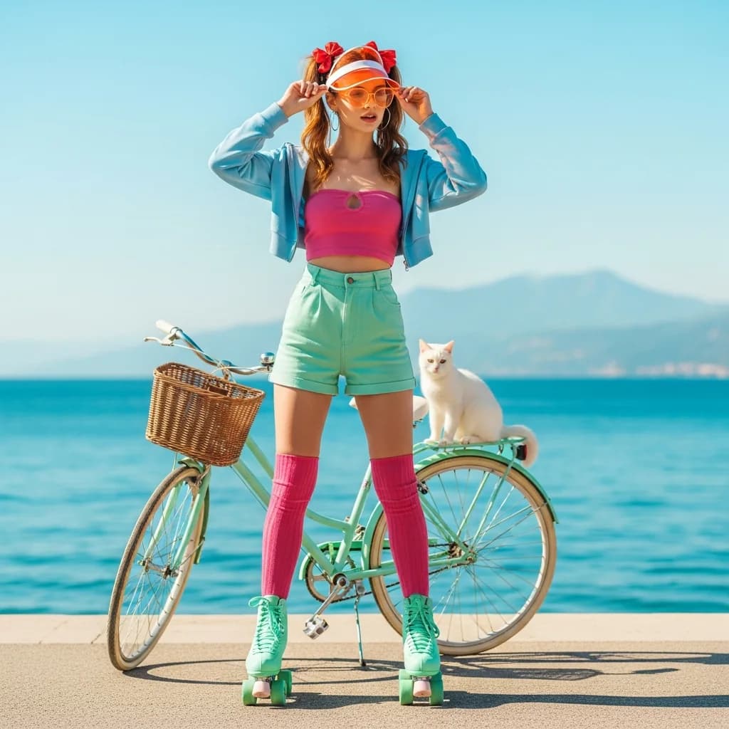 海滨阳光：薄荷绿溜冰鞋的时尚女性