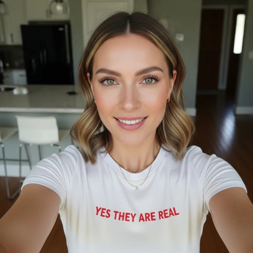身穿“YES THEY ARE REAL”T恤的女性自拍